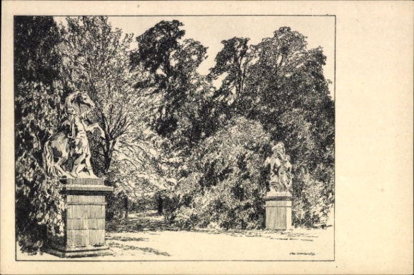 Postcard Cassel Kassel in Hesse, documentation of a park, horse statues, trees, quiet surroundings