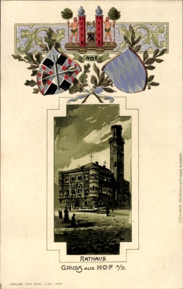 Reliëfwapen passe-partout litho Hof an der Saale Opper-Franken Beieren, stadhuis