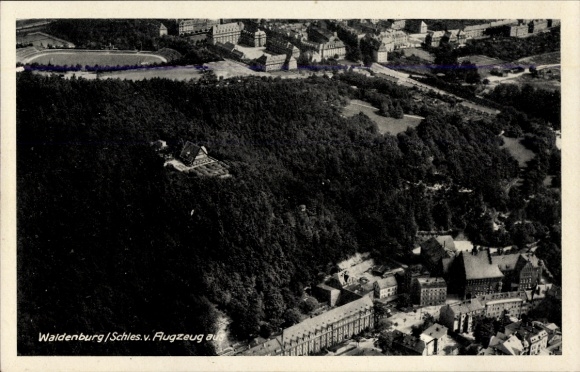 Postcard Waldenburg in Saxony, aerial view of Schillerbaude, beautiful restaurant, panoramic view