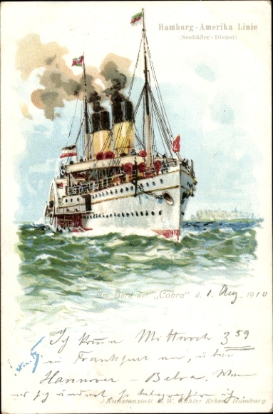 Kunstenaar litho Bohrdt, Hans, stoomschip Cobra, HAPAG, North Sea Line, Hamburg-Helgoland-Sylt