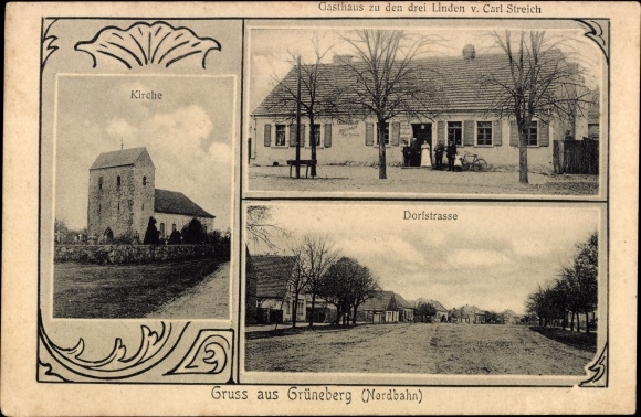 Postcard Grüneberg on the north railway, church, inn to the three lime trees, village street