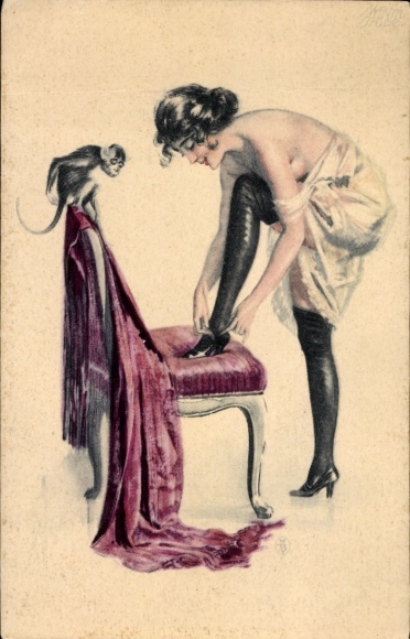 Artist Postcard Woman in erotic clothing, monkey
