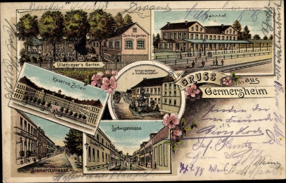 Chromo-Litho Germersheim am Rhein, Train Station, Ullemeyer&#39;s Garden, Zoller Barracks, Ludwigstrasse, Bismarckstrasse.