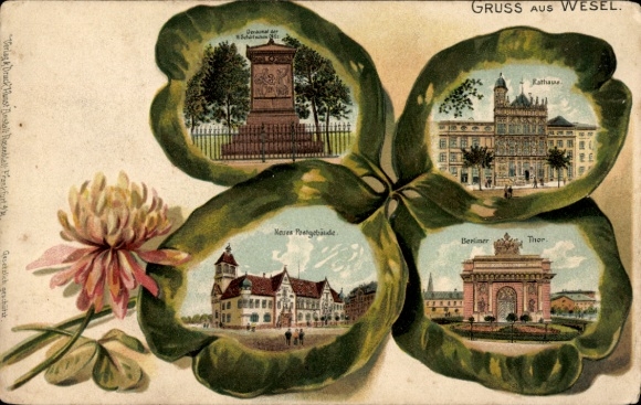 Präge Kleeblatt Litho Wesel am Niederrhein, Rathaus, Denkmal, Neues Postgebäude, Berliner Tor