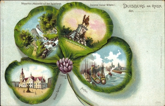 Kleeblatt Künstler Litho Schlemo, E., Duisburg im Ruhrgebiet, Kaiser Wilhelm Denkmal, Hafen, Rathaus