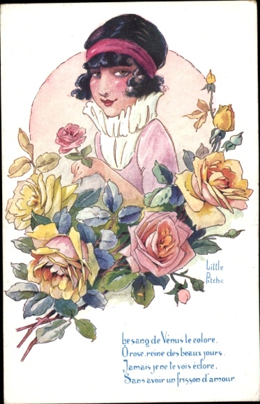 Artist Postcard Little Pitche, woman portrait, roses