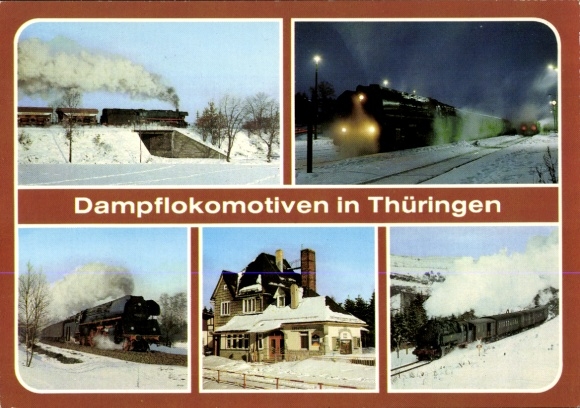 Postcard Weida in Thuringia, steam locomotives in Thuringia, BR 44 with block train, train station, winter