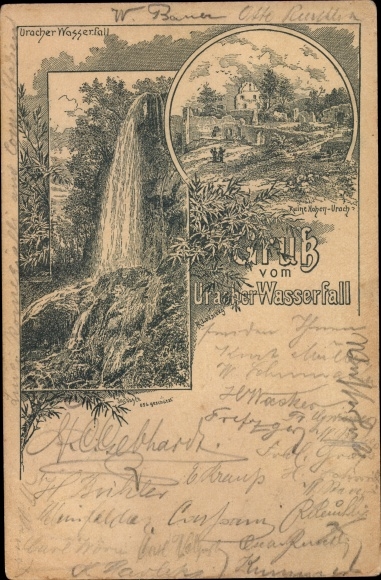Forerunner Chromo-Litho Bad Urach on the Swabian Jura, Urach Waterfall