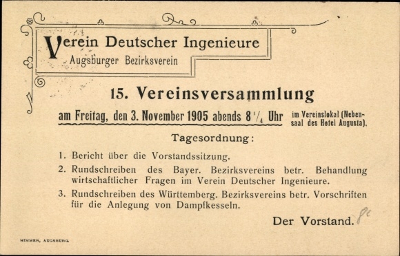 Postcard Augsburg, district association of German engineers, 15th association meeting 1905