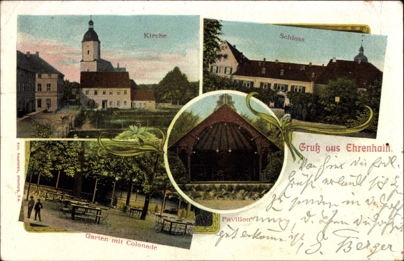 Postcard Ehrenhain Nobitz in the Altenburger Land, church, castle, garden, colonnade, pavilion