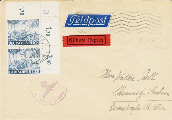 Michel nr 838x (2) w liście pocztowym z 23 sierpnia 1943 r., tylko opłata za przesyłkę ekspresową