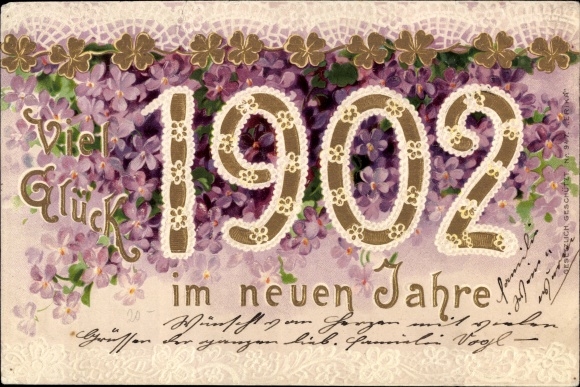 Embossed litho Happy New Year 1902, violets, clover