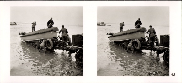 Stereo spatial image photo &quot;The Battle in the West&quot;, No. 58 Pioneers launch a motor boat