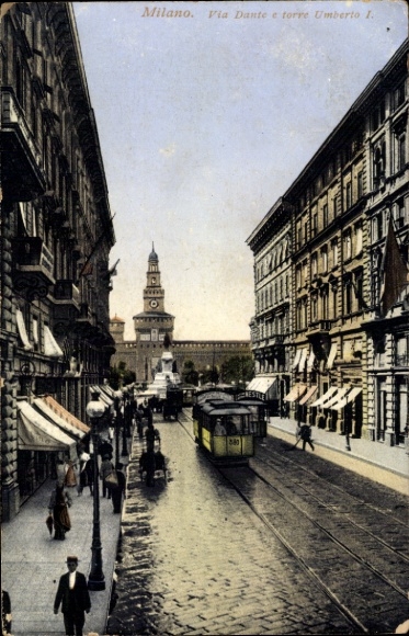Postcard Milano Milan Lombardy, Via Dante and Torre Umberto I, tram