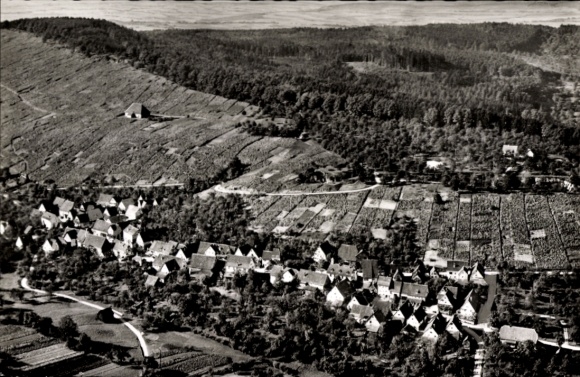 Ak Hanweiler Winnenden in Württemberg, Luftaufnahme von  Weinort, Gaststätte Traube, Weinbau, Fel