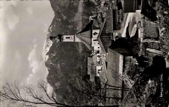 Postcard Lenggries in Upper Bavaria, beautiful mountain landscape, church, alpine architecture, nature, black-...