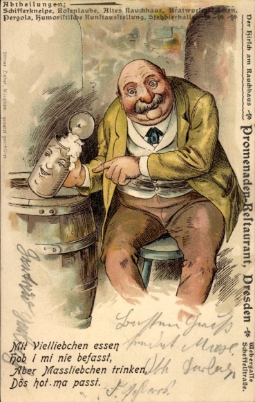 Litho Dresden, Promenaden-Restaurant, Mann trinkt Bier, Bierkrug