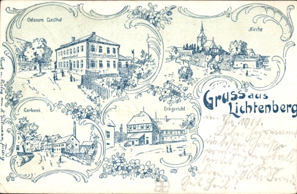 Litho Lichtenberg Erzgebirge, Oelsners Gasthof, Gerberei, Erbgericht, Kirche