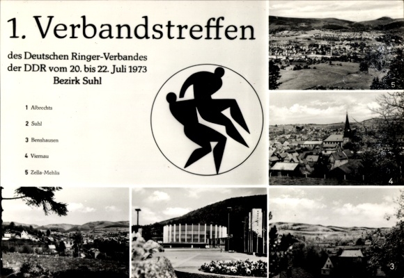 Postcard Suhl in Thuringia, 1st Association Meeting of the German Wrestling Association of the GDR 1973