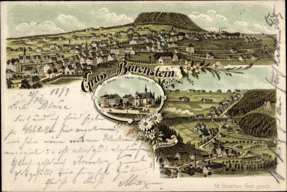 Litho Bärenstein im Erzgebirge, Panorama, Schule, Pfarre, Kirche