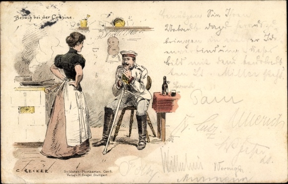 Kunstenaar litho Becker, Carl, op bezoek bij de neef, Duitse soldaat in uniform