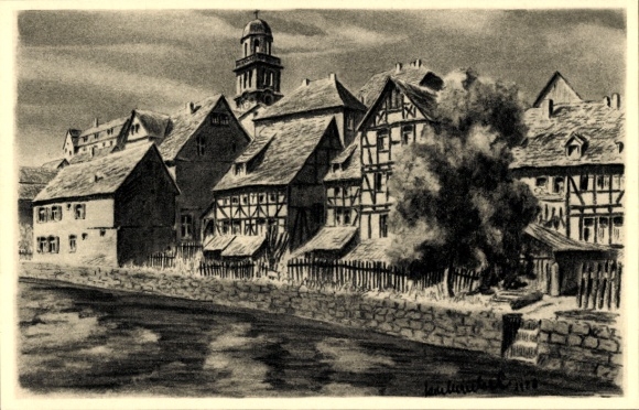 Artist Postcard Winkel, K., Lauterbach an der Lauter Vogelsbergkreis, partial view of the city