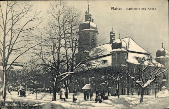 Ak Platten an der Mosel, Marktplatz und Kirche, Winter