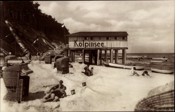 Postcard Ostseebad Kölpinsee on Usedom, photography of the beach, bathing establishment, beach chairs, boats