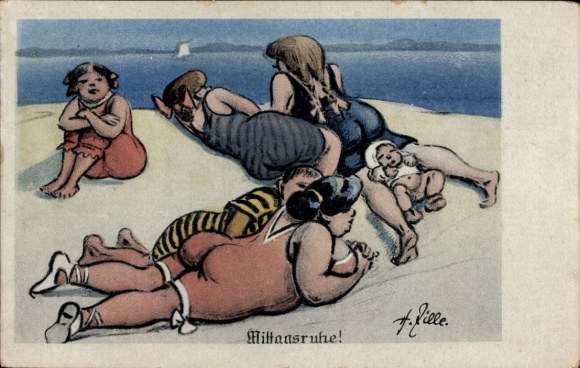 Künstler Ak Mittagsruhe, Menschen am Strand, Bademode