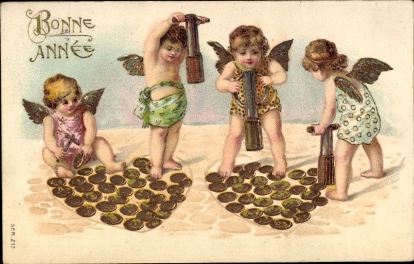 Embossing Postcard Happy New Year, angels mint coins, hearts