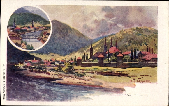 Artist PC Kopallik, F., Göss Leoben Styria, river section with a view of the town and surroundings