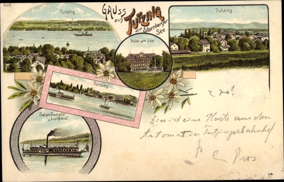 Chromo-Litho Tutzing on Lake Starnberg Upper Bavaria, hotel on the lake, saloon steamer Luitpold, long shot