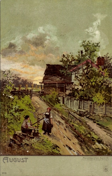 Artist Postcard Allegory, Month of August, Farmers, Residential House