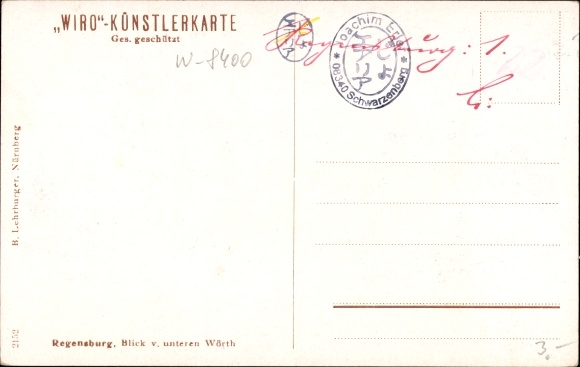 Artist PC Regensburg on the Danube Upper Palatinate, view from the lower Wörth, no. 2152 B