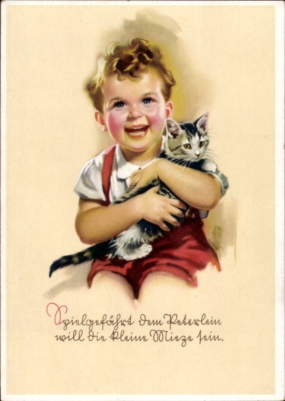 Artist Postcard by Czulik, Else, Laughing child with domestic cat
