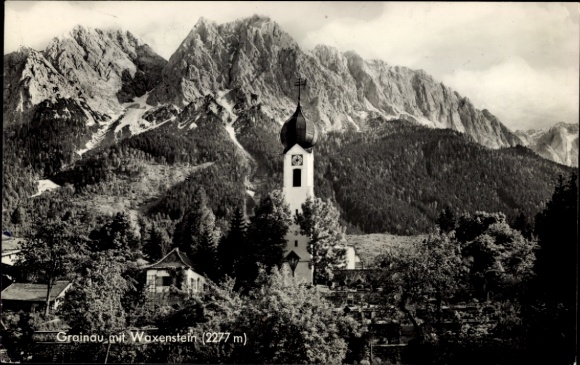 Postcard Grainau in Upper Bavaria, Grainau with Waxenstein, mountains, church, black and white photo
