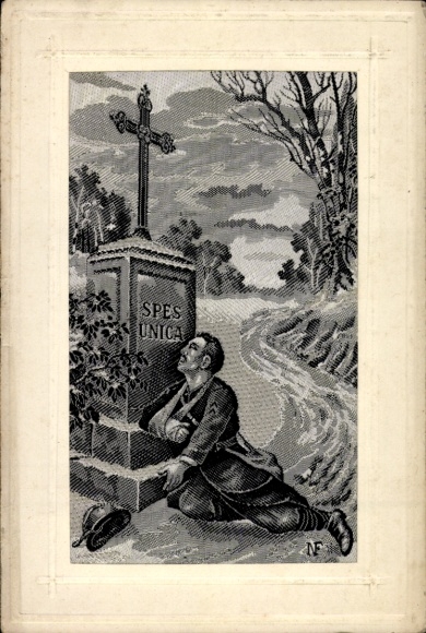 Silk Postcard Spes Unica, wounded man in front of a wayside cross