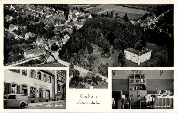 Postcard Eichtersheim in Kraichgau Baden, bird's eye view of Kaffee Steidel, interior view