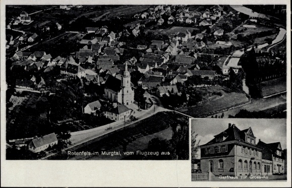 Postcard Bad Rotenfels Gaggenau in the Murgtal, aerial view of Rotenfels, church visible, Gasthaus zur G