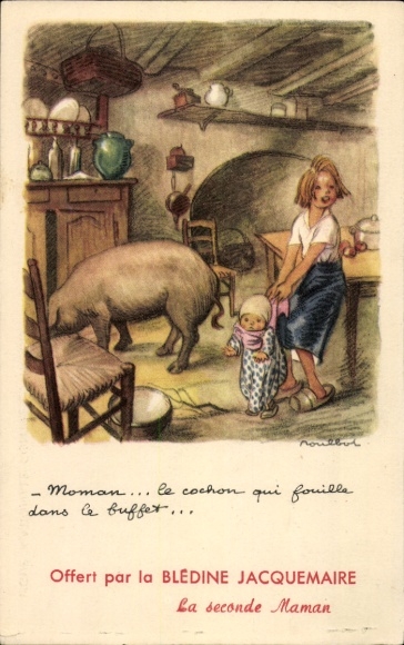 Kunstenaarskaart Poulbot, Francisque, kinderen en varken in een keuken