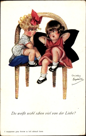 Artist Postcard Spark, Chicky, Two girls on a wicker chair, You already know a lot about love?