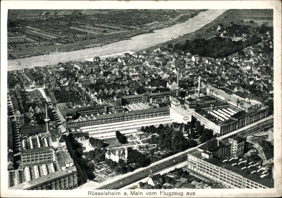 Postcard Rüsselsheim am Main Hessen, aerial photograph
