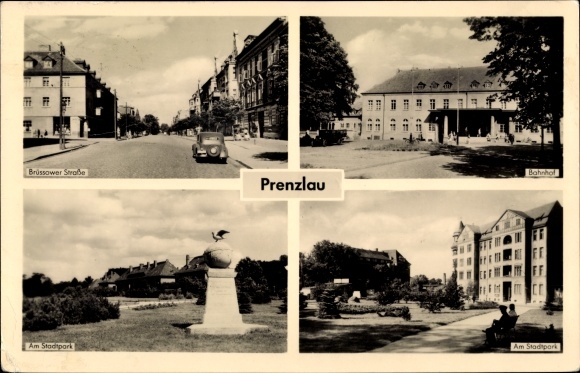 Postcard Prenzlau in the Uckermark, Brüssower Strasse, train station, at the city park