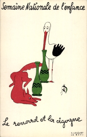 Postcard Semaine Nationale de l'enfance, stork, fox and insect