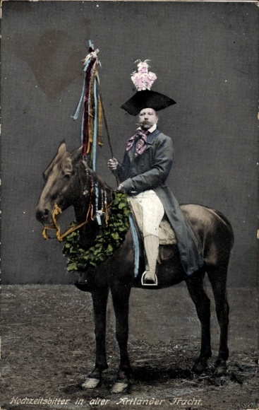 Postcard Arländer Tracht, Wedding Bitter in Traditional Costume Sitting on Horse