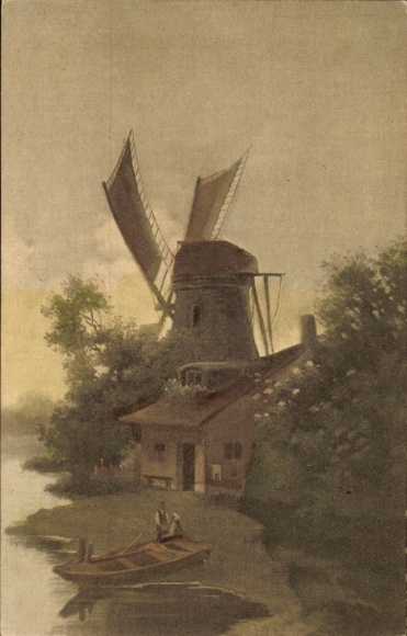 Postcard village party, house on the shore, windmill
