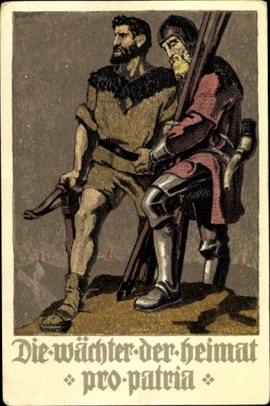 Kunstenaarskaart Zwitsers nationaal feest 1910, de hoeders van het vaderland, Pro Patria, Tell