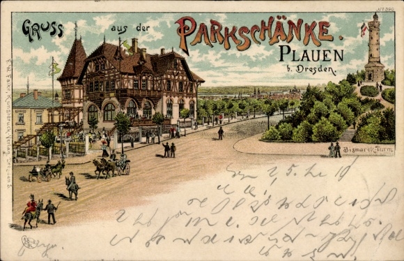 Postcard Plauen im Vogtland, historical building, park tavern, Bismarck Tower, goat garden, horse-drawn carriage
