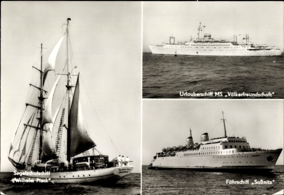 Postcard sailing training ship Wilhelm Pieck, holiday ship GTMS Fritz Heckert, ferry Sassnitz