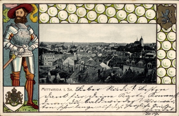 Präge Wappen Passepartout Ak Mittweida in Sachsen, Panorama